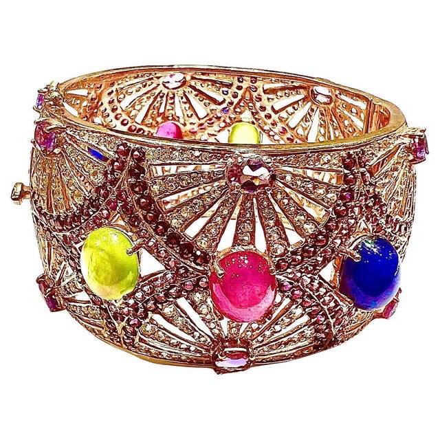 Bochic "Capri" Natural Ruby, Sapphire & Emerald Cuff Set In 18K Gold & Silver For Sale - Image 15 of 18