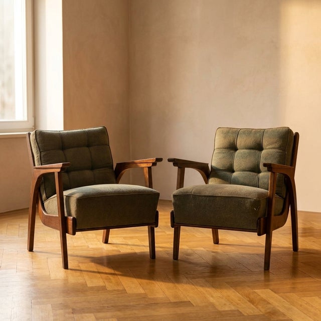 Brown Vintage Lounge Chairs with Wooden Frames and Green Upholstery, 1950s, Set of 2 For Sale - Image 8 of 9