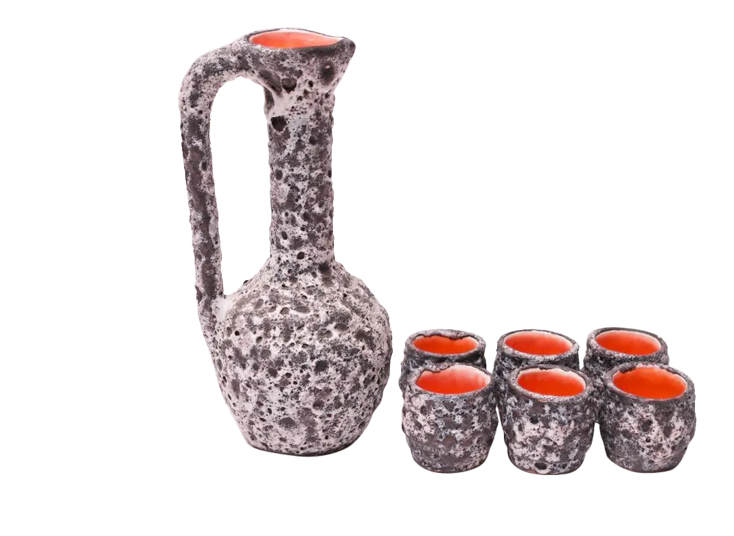 Vintage West German Fat Lava Ceramic Glaze Pitcher and Cup Set