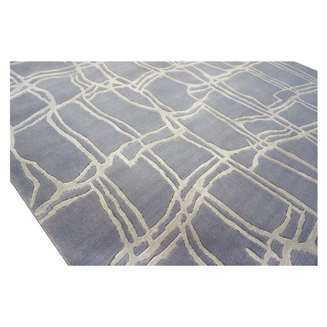 Slate Gray Nepalese Modern Abstract Wool & Silk 4x6 Slate Blue & Ivory Handmade Area Rug #9902908 For Sale - Image 8 of 11