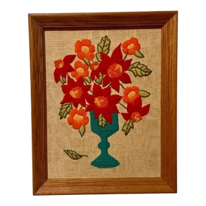 Danish Fiber Scandinavian Hanging Yarn Bouquet Flowers Signed 1975 M. Cobbs Wood Frame