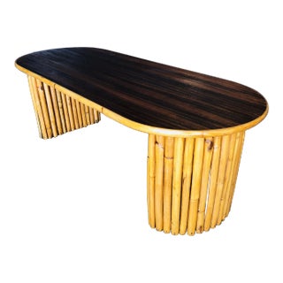 Restored Vintage Vertically Stacked Rattan Coffee Table W/ Mahogany Top For Sale