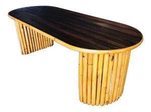 Restored Vintage Vertically Stacked Rattan Coffee Table W/ Mahogany Top