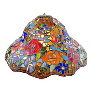 Vintage Tiffany Style Stained Glass Roses Poppies Cabochons Bell Lampshade For Sale