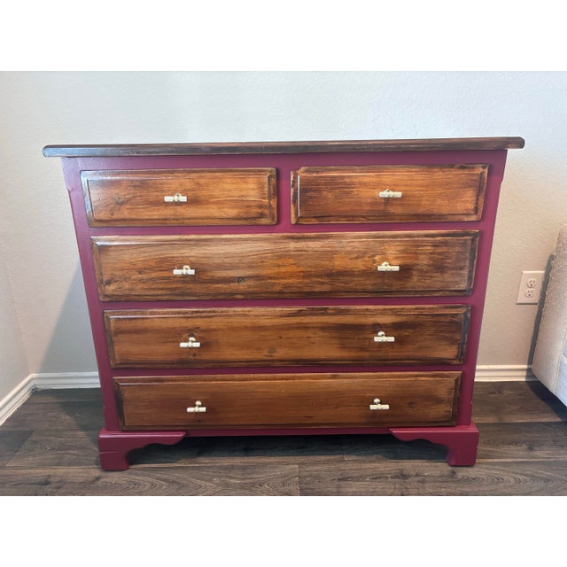 1970s One-of-a-Kind Restored Vintage Floral Dresser in Deep Red & Stained Wood For Sale - Image 5 of 7