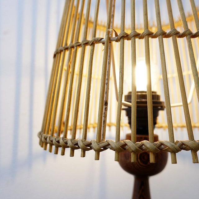 Keel-Shaped Wood Table Lamp with Bamboo Shade, 1960s For Sale - Image 9 of 13