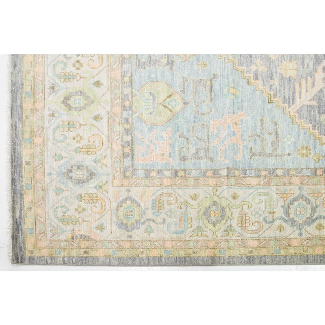 2010s Modern Handmade Oushak Style Wool Rug in Peach and Blue With Medallion Design For Sale - Image 5 of 9
