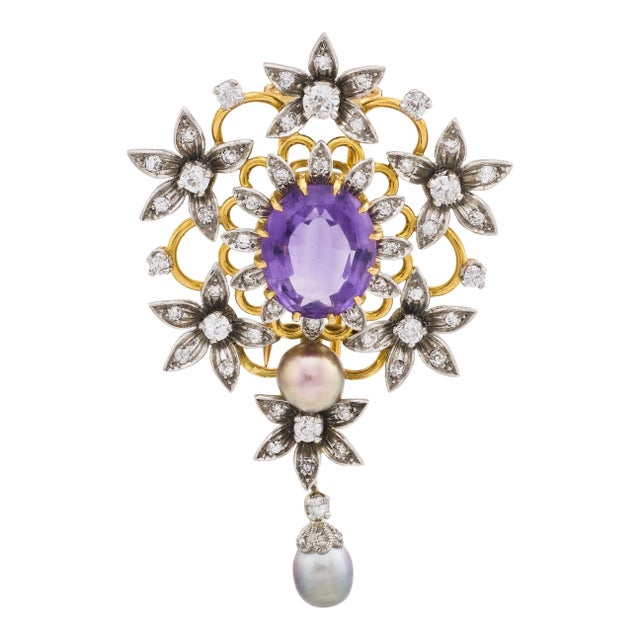 1910s French Belle Epoque Amethyst Diamond Pearl 18k and Platinum Brooch For Sale