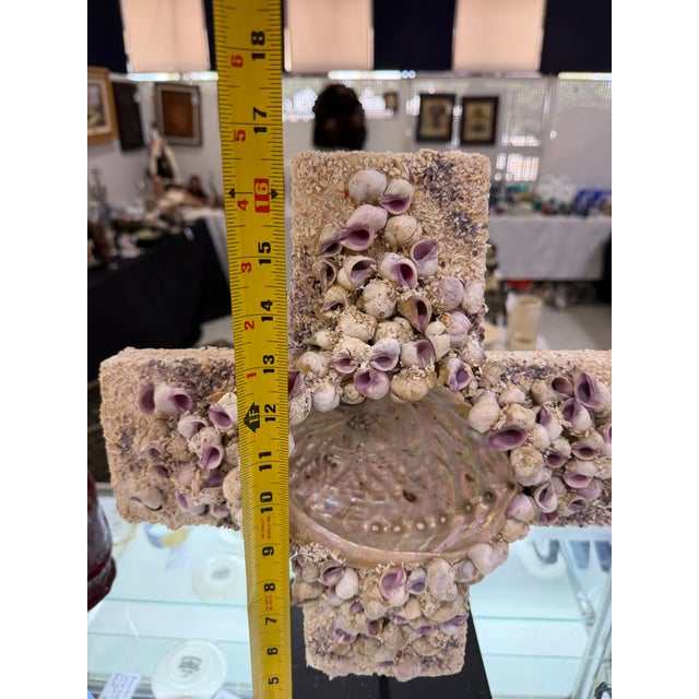 1970s Designer Seashell Cross Embellished With Natural Seashells on Stone Base For Sale - Image 4 of 6