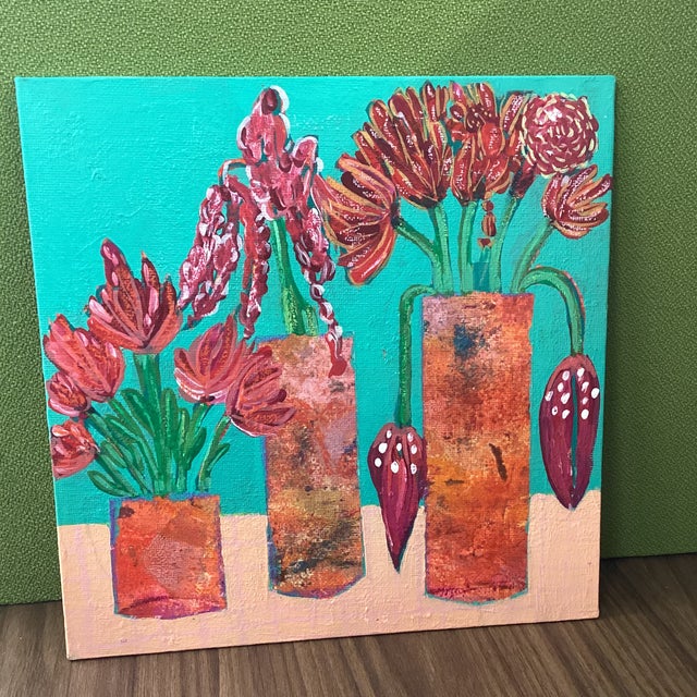 Abstract Floral Vase Painting Teal Coral Mid Century Modern Wall Art 8x8 For Sale - Image 4 of 4