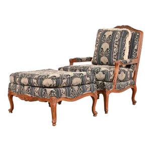 Thomasville French Provincial Louis XV Carved Walnut Upholstered Fauteuil and Ottoman