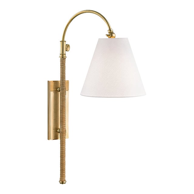 Mark D. Sikes 1 Light Curves No. 1 Adjustable Wall Sconce with Rattan Accent, Aged Brass For Sale