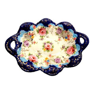 Nippon Moriage Hand Painted Cobalt Blue Gilt Floral Oval Porcelain Dish 1910-30s For Sale