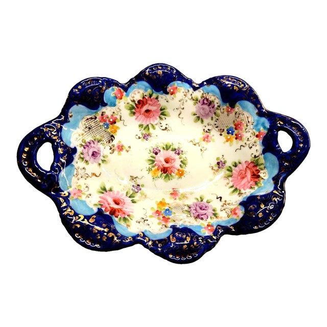 Nippon Moriage Hand Painted Cobalt Blue Gilt Floral Oval Porcelain Dish 1910-30s For Sale