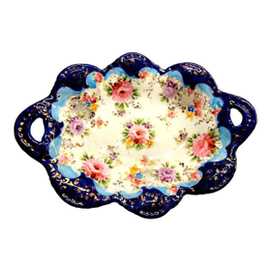 Nippon Moriage Hand Painted Cobalt Blue Gilt Floral Oval Porcelain Dish 1910-30s