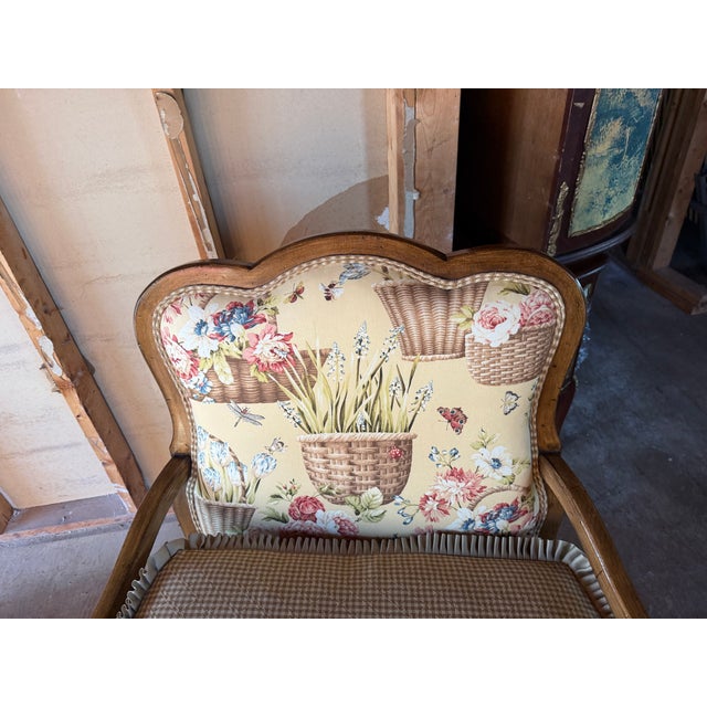 Late 20th Century Pair of Louis XV Floral Motif Upholstered Rush Seat Lounge ArmChairs With Ottoman For Sale - Image 15 of 16