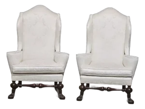Late 20th Century Pair of Baker Stately Homes Large Wing Arm Chairs in the Jacobean Style Damask