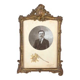 Antique French Ornate Gilt Metal Photo Frame With Original Portrait & Pressed Edelweiss For Sale