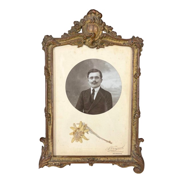 Antique French Ornate Gilt Metal Photo Frame With Original Portrait & Pressed Edelweiss For Sale