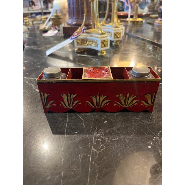 18th Century 18th Century French Red Tole Painted Ink Stand For Sale - Image 5 of 6
