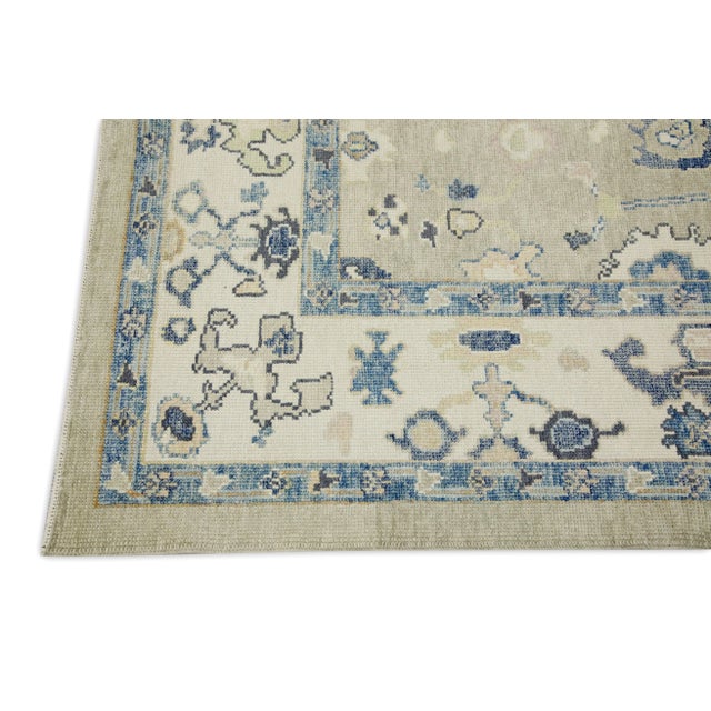 Modern Early 21st Century Green & Blue Floral Design Handwoven Wool Turkish Oushak Rug 6'3" X 8'6" For Sale - Image 3 of 7