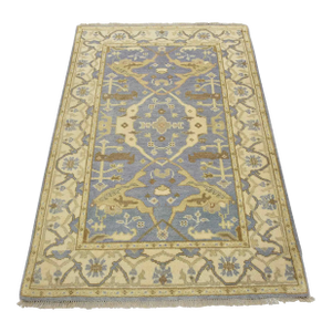 Oushak Rug 4' X 6' Blue Wool Tribal Hand-Knotted Oriental Carpet