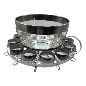 Queen’s Lustreware Ltd. Wide Platinum Band Punch Bowl, Cups and Handled Chrome Plated Carrier-Set of 14