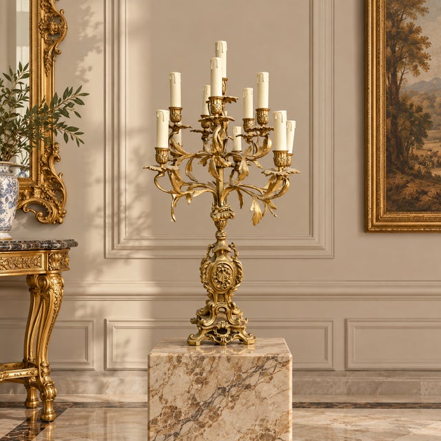 Make a dramatic statement with this ornate French-style table candelabra, crafted with an elaborate sculptural silhouette...