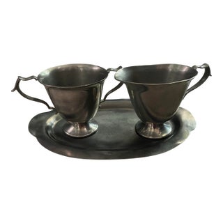 Antique Genuine Pewter Cream & Sugar Set W/ Serving Tray. All 3 Pieces Are Stamped W/ Their Catalog Production Numbers: (352, 357, 848) by Kirk Stieff For Sale