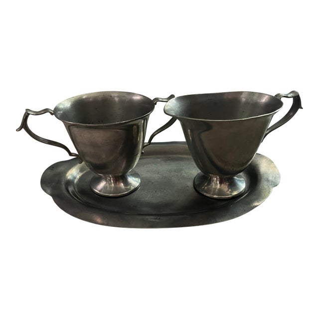 Antique Genuine Pewter Cream & Sugar Set W/ Serving Tray. All 3 Pieces Are Stamped W/ Their Catalog Production Numbers: (352, 357, 848) by Kirk Stieff For Sale