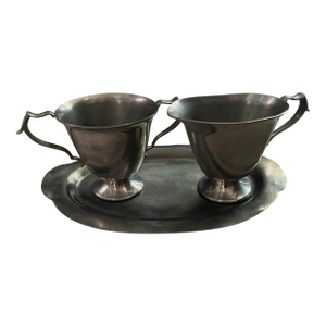 Antique Genuine Pewter Cream & Sugar Set W/ Serving Tray. All 3 Pieces Are Stamped W/ Their Catalog Production Numbers: (352, 357, 848) by Kirk Stieff