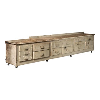 Early 20th Century Monumental Industrial Shop Workbench Cabinet With Labeled Drawers For Sale