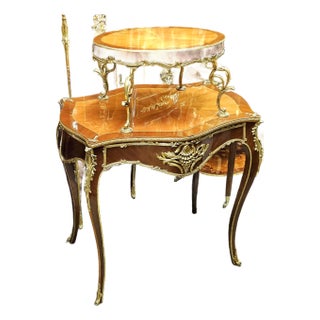 French Louis XV Two-Tier Side Table – Marquetry Accent Table With Raised Upper Shelf & Gilt Bronze Mounts For Sale