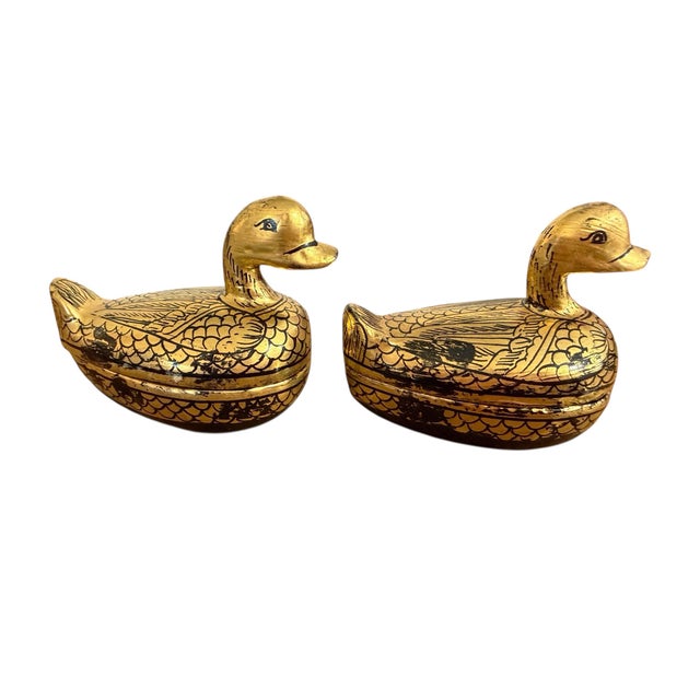 Gold Vintage Burmese Gold Painted Wood Lacquered Ducks Trinket Boxes S/2 For Sale - Image 8 of 8