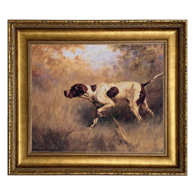 On Point English Pointer Oil Painting Print on Canvas in Wide Antiqued Gold Frame- a 16" X 20" Framed to 24" X 26" For Sale - Image 4 of 4