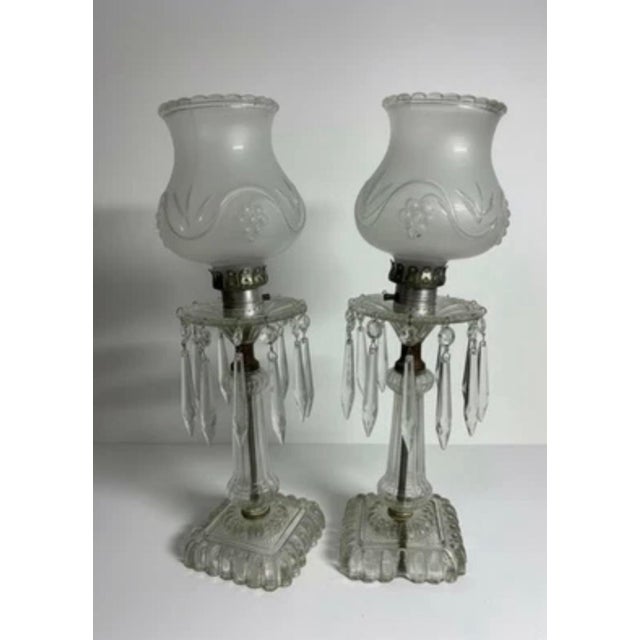 Victorian Early 20th Century Electrified Clear Luster Boudoir Lamps With Frosted Grape Shades - Pair For Sale - Image 3 of 12