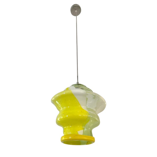 Bespoke Italian Organic Lemon Yellow White Step Tulip Murano Glass Pendant Light For Sale