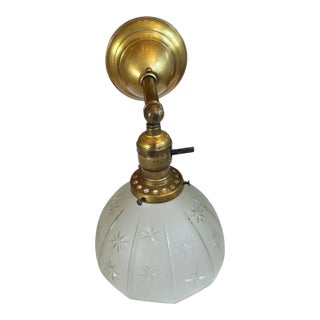 Single Wheel Cut Star and Scalloped Edge Frosted Glass Wall Sconce on Old Brass Holder, Circa 1910 For Sale
