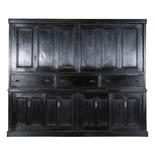 19th Century English Monumental Ebonised Pine Housekeepers Cupboard, 1880s For Sale