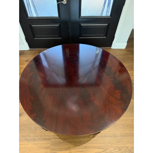 Brown Attributed to Hickory Chair Company Flame Mahogany Round Coffee Table With Brass Sabots For Sale - Image 8 of 12