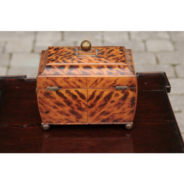 English Victorian 1870s Tea Caddy with Faux Painted Tortoise Finish and Brass For Sale - Image 9 of 10