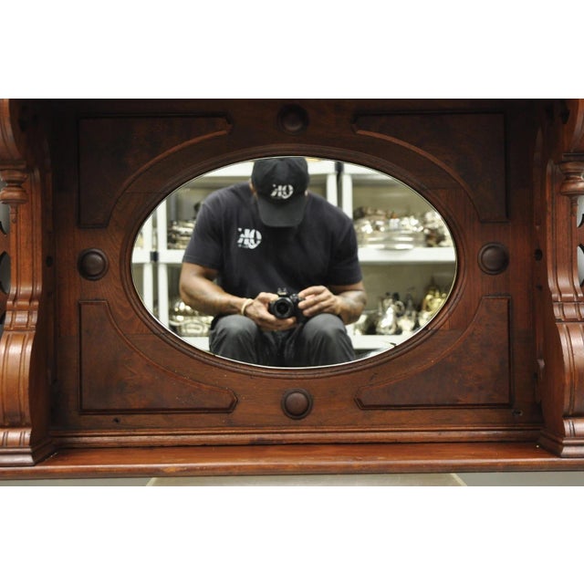 Antique Eastlake Victorian Carved Walnut Oval Mirror Sideboard Backsplash Shelf For Sale - Image 13 of 18