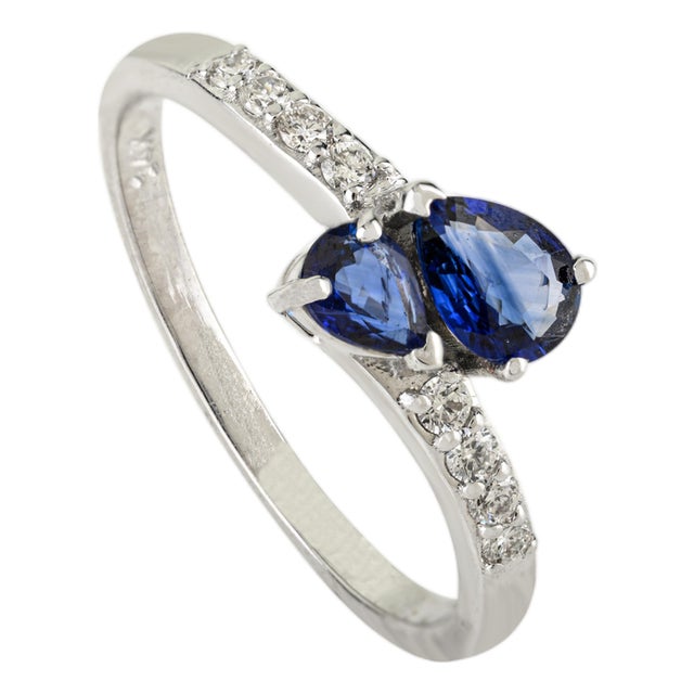 Two Stone Pear Cut Sapphire & Diamond Bypass Ring in 14k Solid Gold Size 6 For Sale