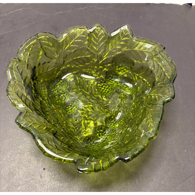 Mid-Century Modern Vintage Indiana Glass Harvest Grape Olive Green Pressed Glass Bowl, Mid-Century Modern MCM For Sale - Image 3 of 8