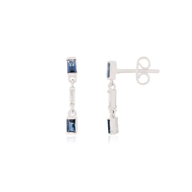 Natural Blue Sapphire Drop Earrings With Baguette Diamonds in 14k White Gold- A Pair For Sale - Image 4 of 12