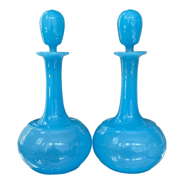 Beautiful pair of antique French blue opaline glass decanters with stoppers // large perfume / scent bottles // vanity decor // boudoir For Sale