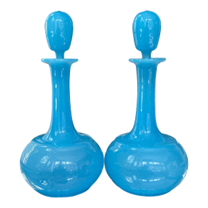 Beautiful pair of antique French blue opaline glass decanters with stoppers // large perfume / scent bottles // vanity decor // boudoir