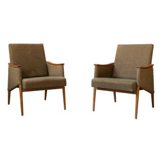 Set of Vintage Armchairs in Oak Wood and Embossed Fabric, Former Czechoslovakia, 1970s For Sale
