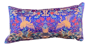 Hollywood Regency Royal Blue & Gold Silk Embroidered Cranes Chinoiserie Boudoir Lumbar Pillow