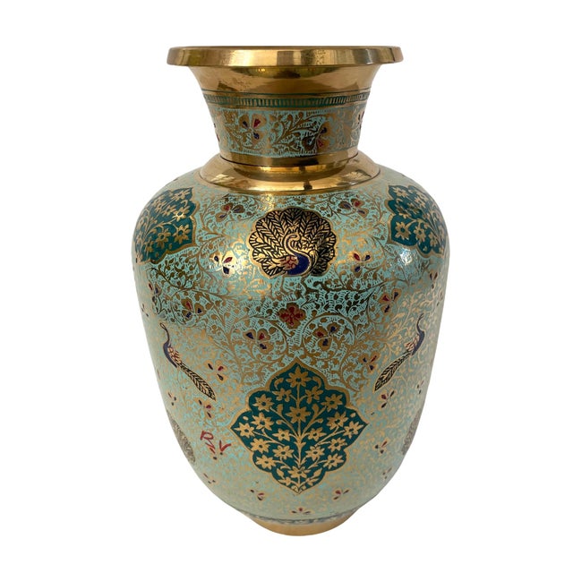 Hand Painted Brass Vase With Floral and Peacock Motif. 9.5” Tall Chairish